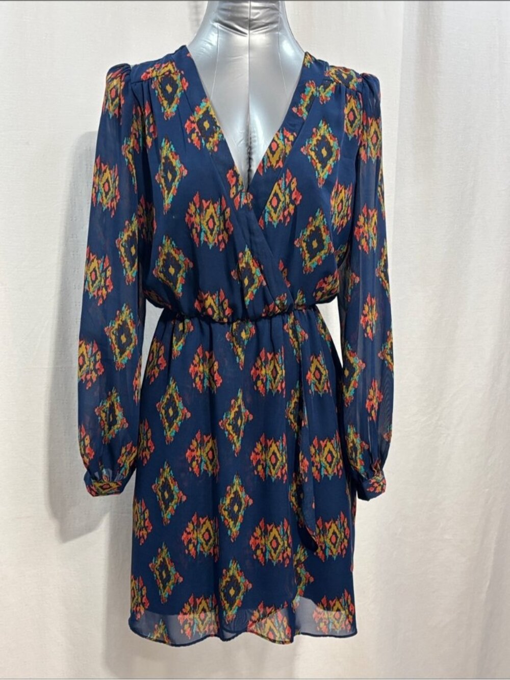 Honey Punch That's a Wrap Dress Women's Blue Gold Aztec Print Mini Large - 202